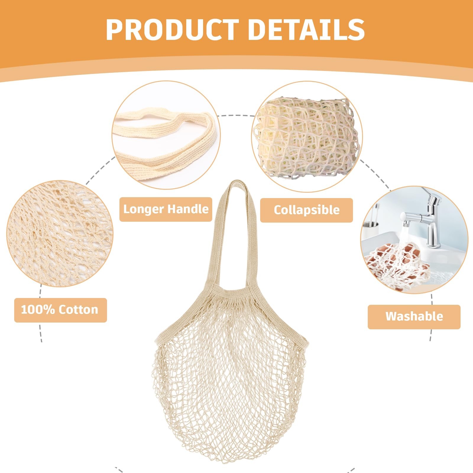 3 PCS Cotton Mesh Grocery Bags Reusable Net Tote Long Handle Washable Beige