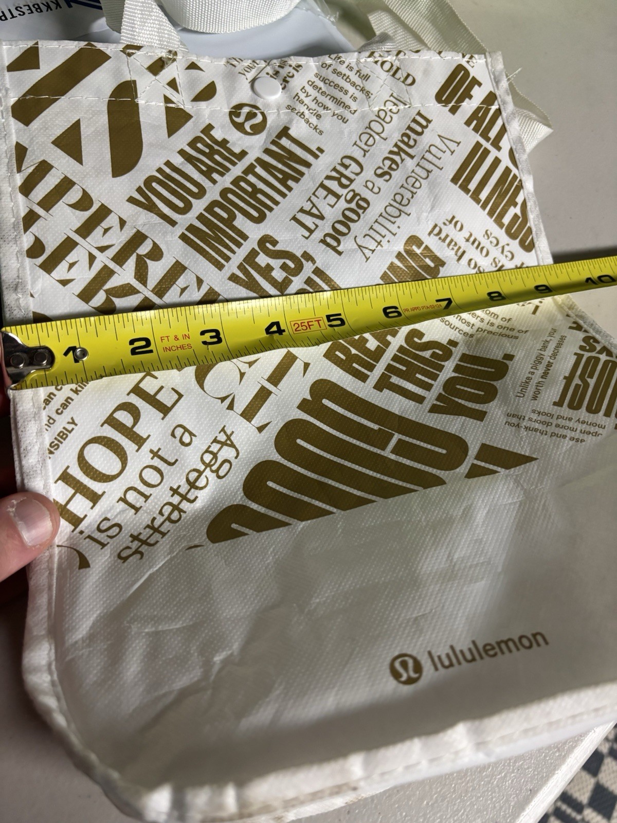Lululemon 20th Anniversary Reusable Tote Bag White Gold Snap Button 12×9