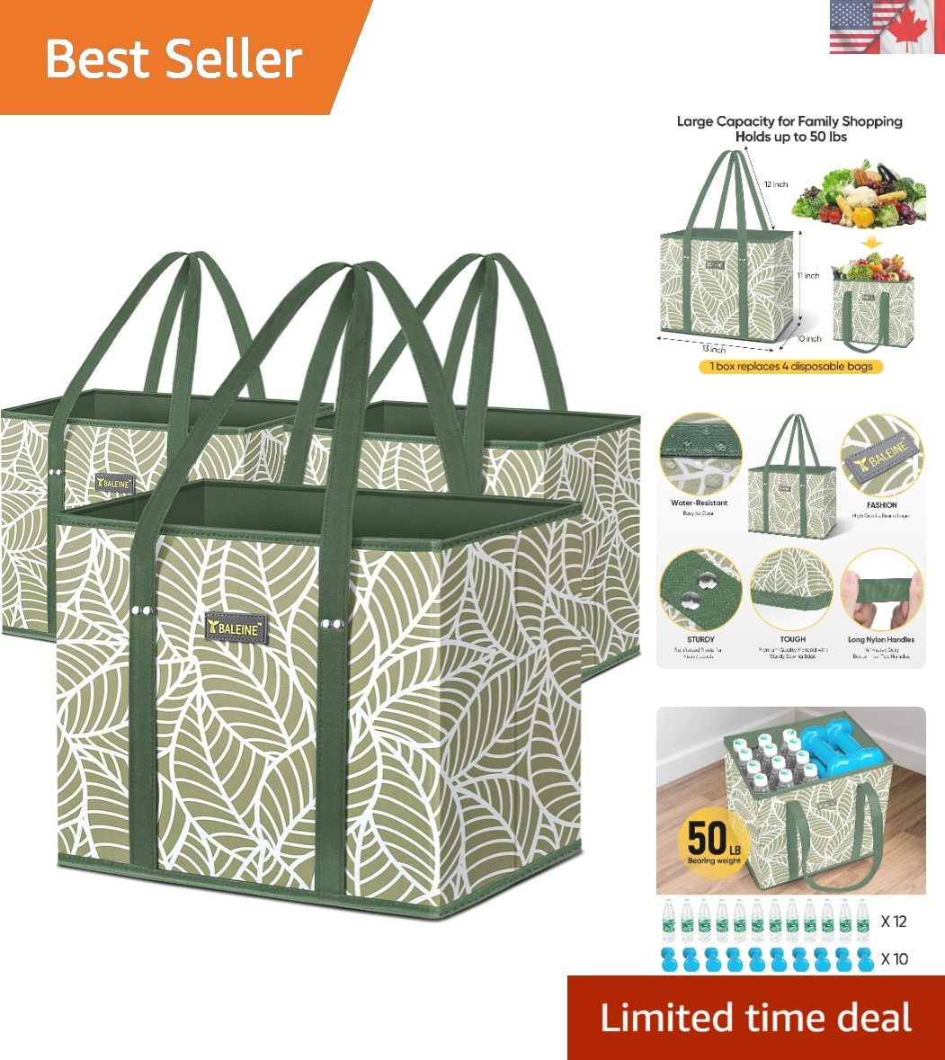 Eco-Friendly 3Pk Grocery Bags – Large Size, Stylish Antique Foliage Pattern