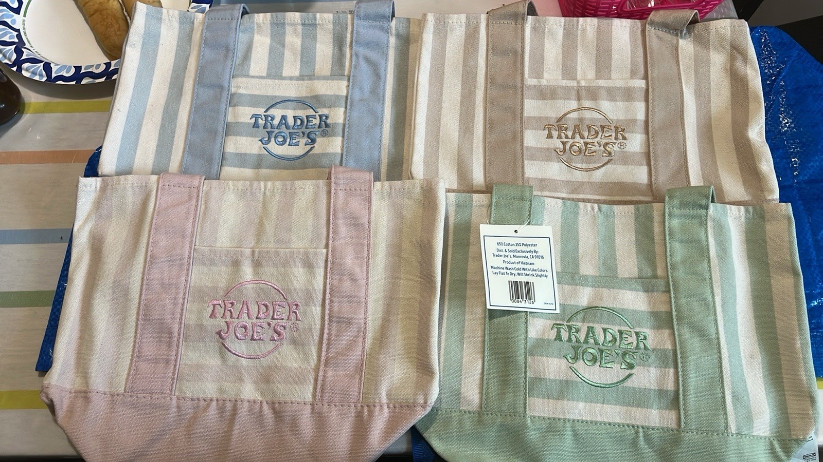 Trader Joe’s 4-Pack Small Canvas Stripe Tote Bags Multicolor 13x6x10 in