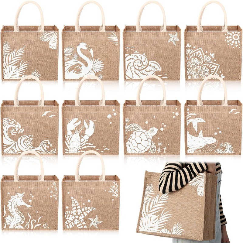 10 Pack Beach Burlap Tote Bags Bulk Large Beach Jute Tote Bags14.2″x 12.6″x7.5″