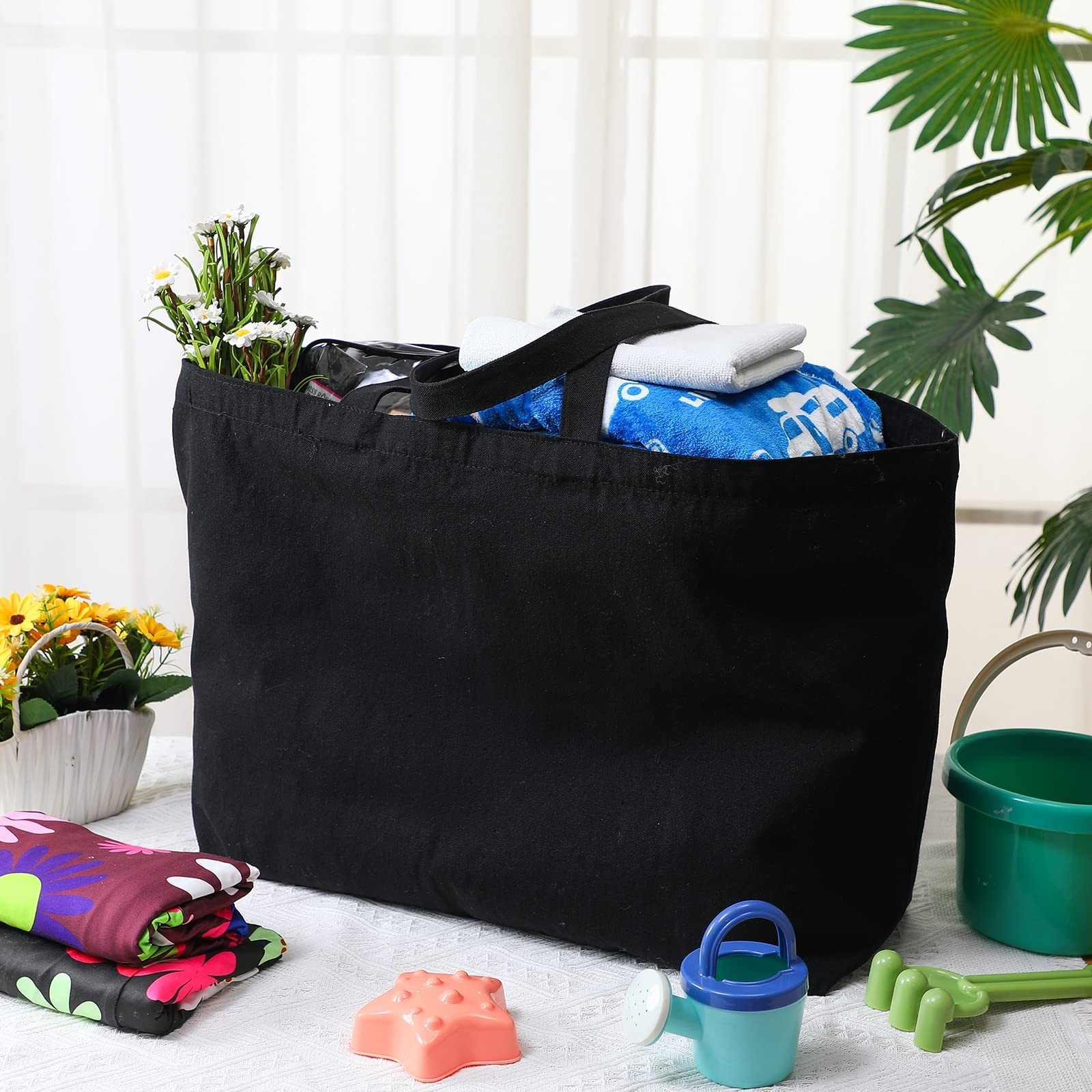 6 Extra Large Canvas Tote Bags Black XL Heavy Duty Grocery Beach Totes 28 x 8…