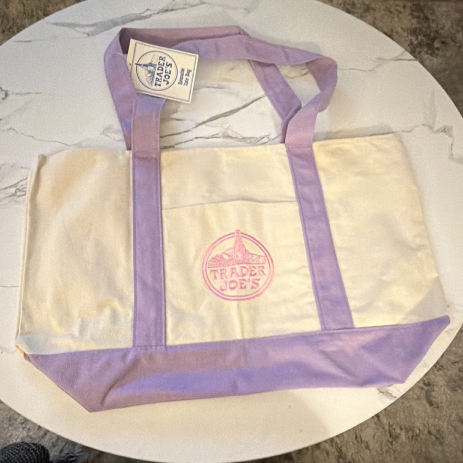 Trader Joe’s Canvas Tote Foldable Color Block Purple Beige Shopping Bag