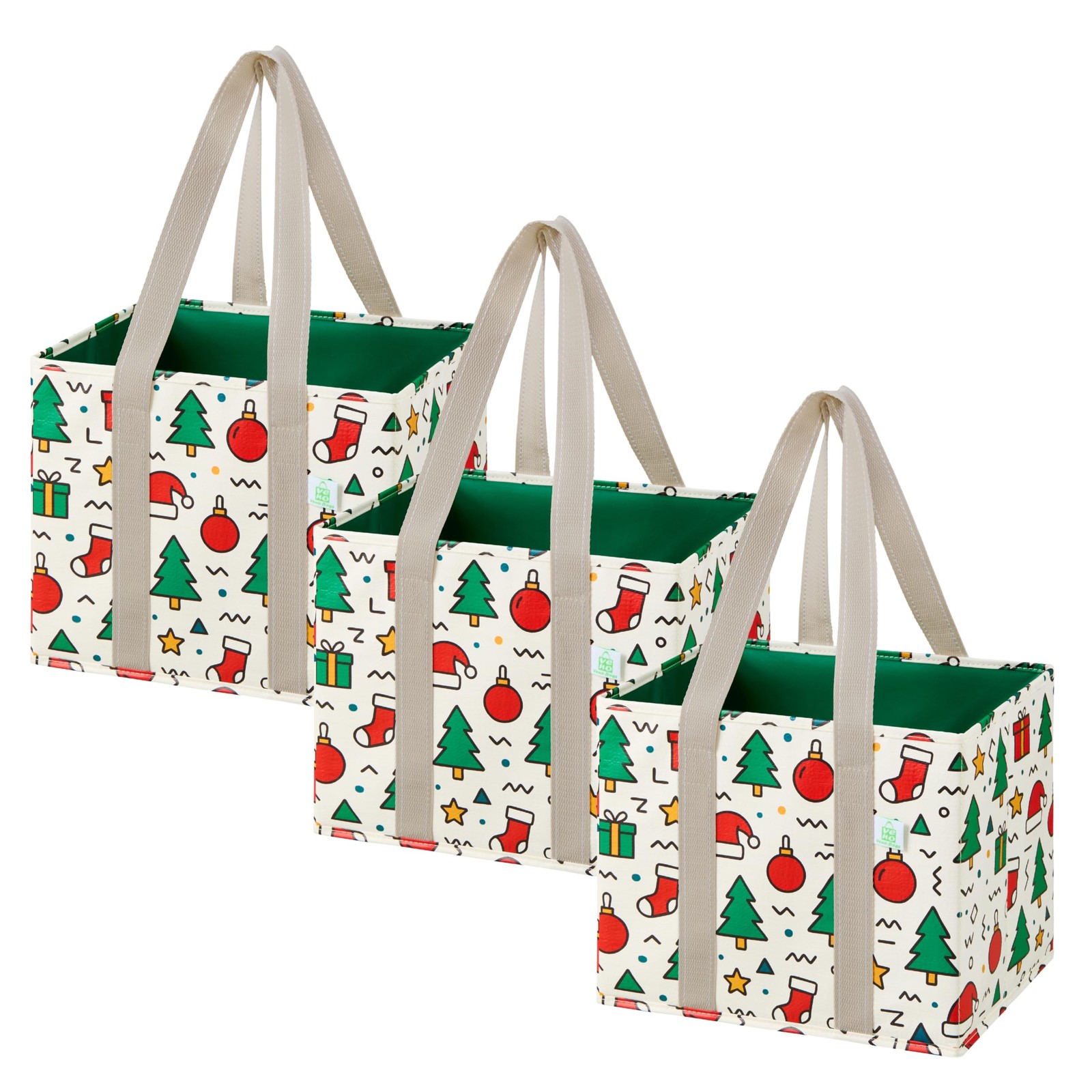 3 PCS 6 Gallon Jingle Mix Heavy Duty Water Resistant Reusable Grocery Bags