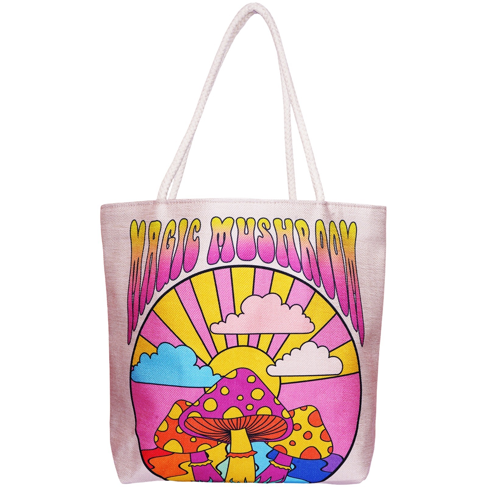 Magic Mushroom Techno Jute Tote Bag 17 x 15 x 4.5 Inch | Reusable Shoulder Bag