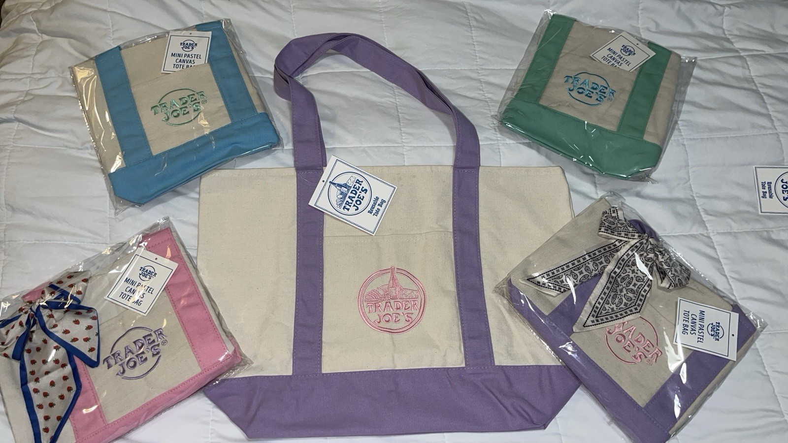 Trader Joe’s Canvas Tote Bag Set, Large & Mini, 5 Colors, Cotton Blend, 5-Pack