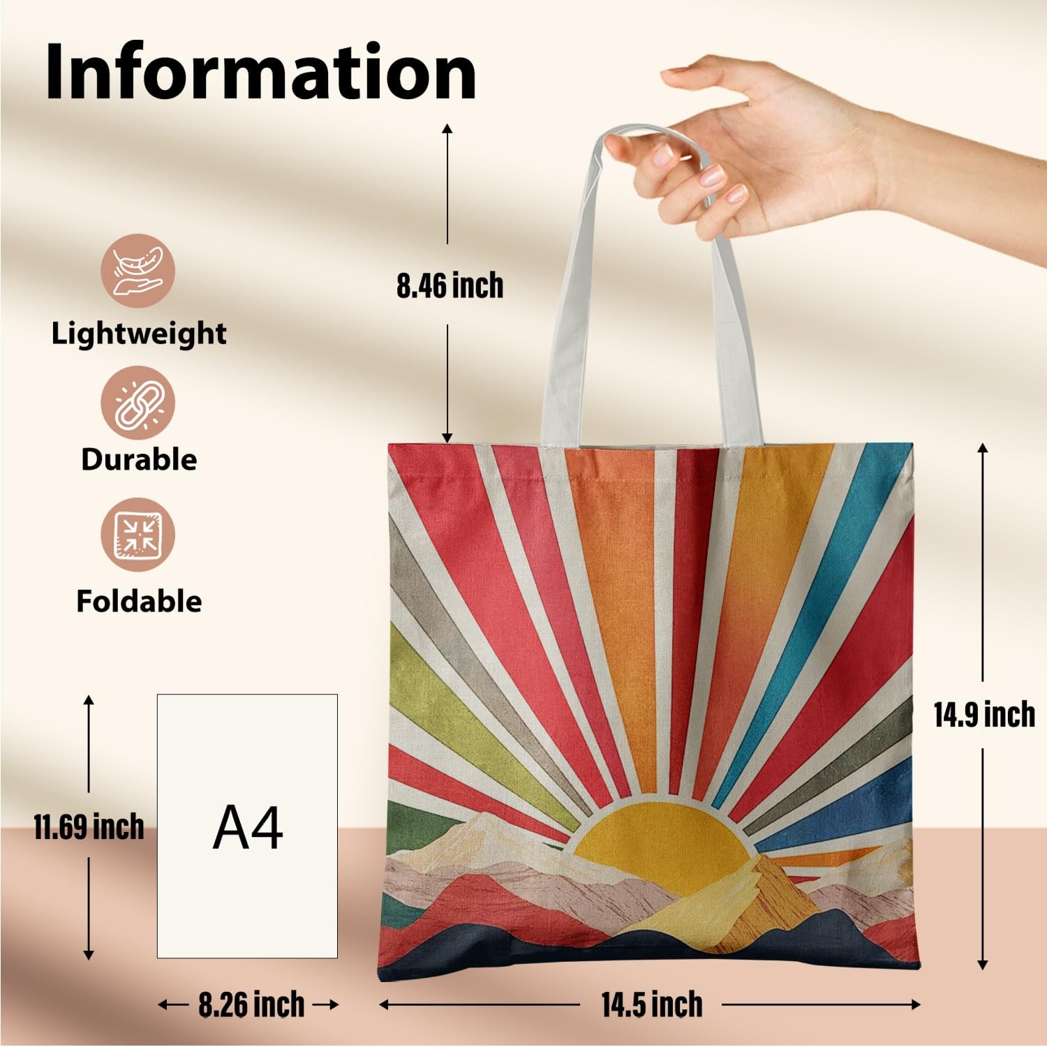 Veqzc Boho Sunshine Canvas Tote Bag, Watercolor 15*13.3 inches, White