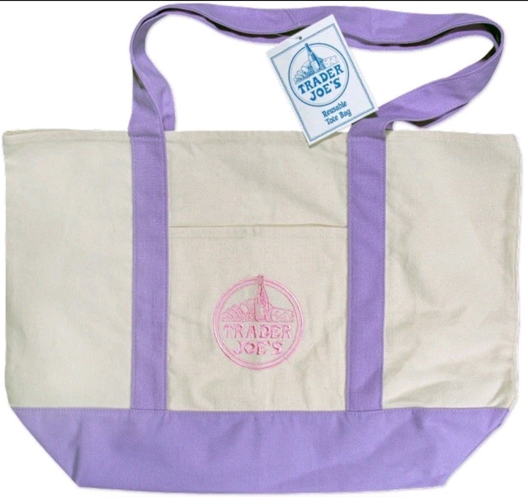 Trader Joe’s Foldable Canvas Reusable Tote Bag Beige Purple Color Block