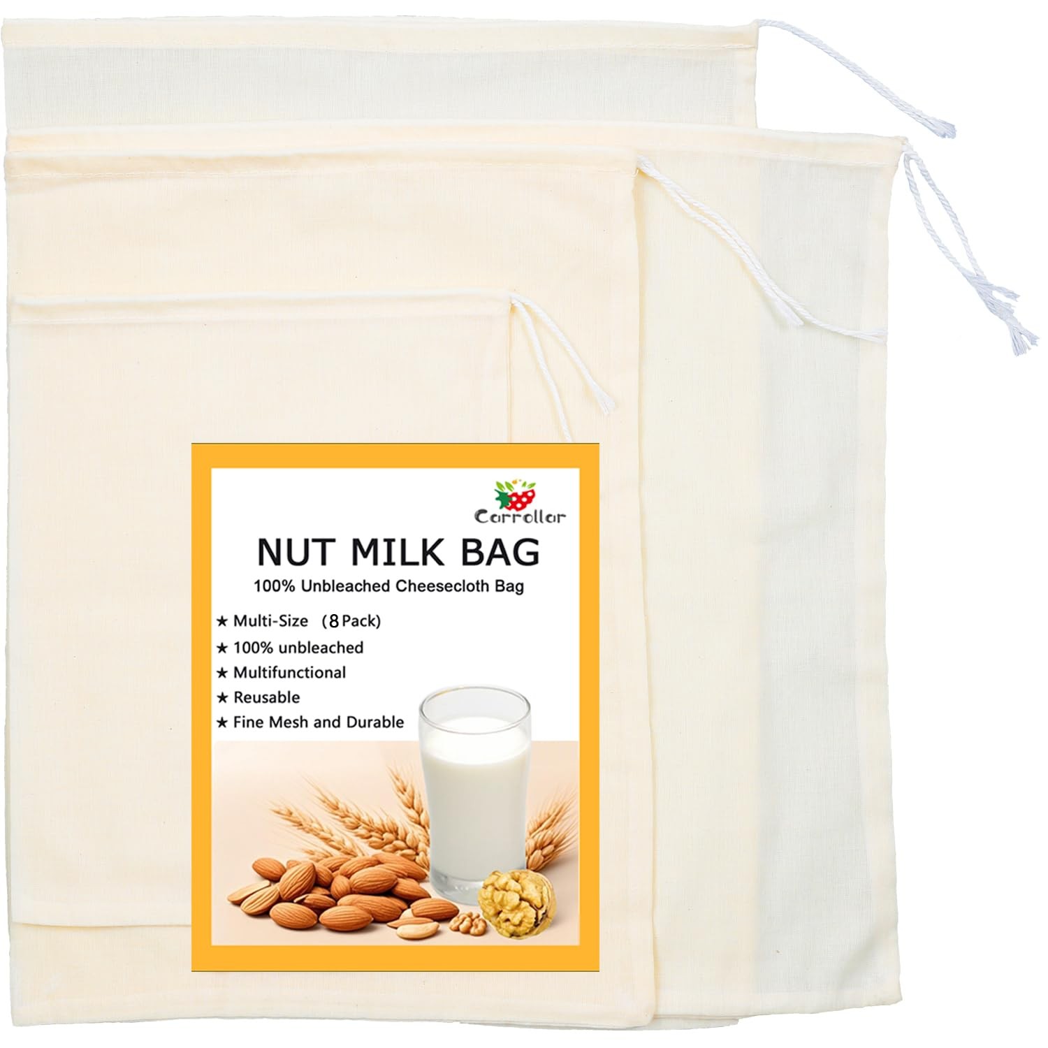 Carrollar 8Pack Nut Milk Bags,4 Sizes 8×10″/10×14″/12×16″/14×14″, Beige