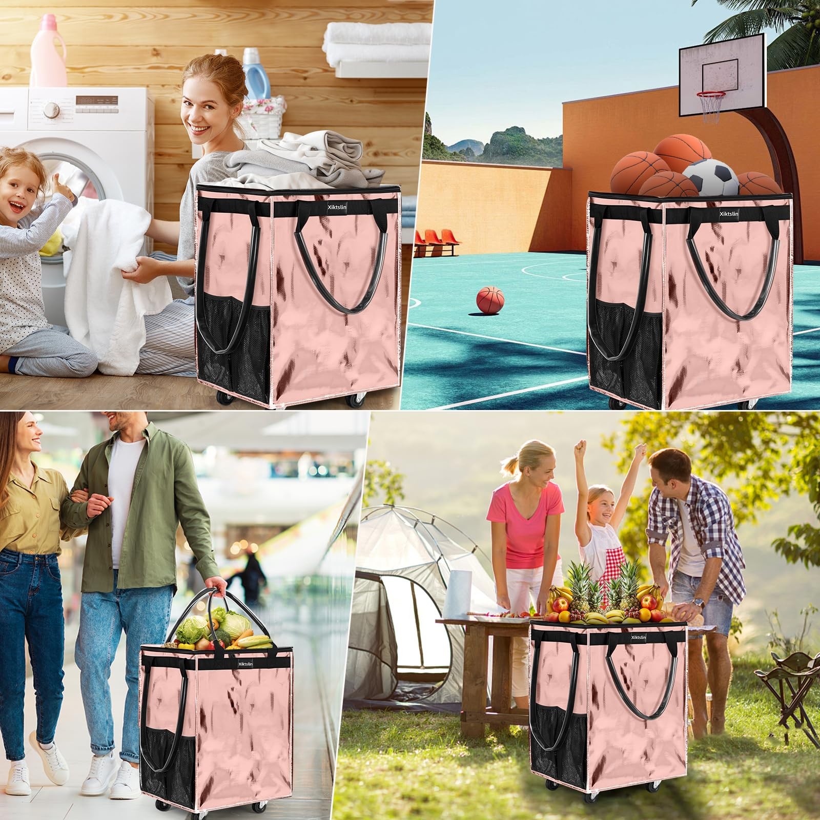(Medium, Rose Gold) Reusable Grocery Bag on Wheels, Foldable Rolling Tote