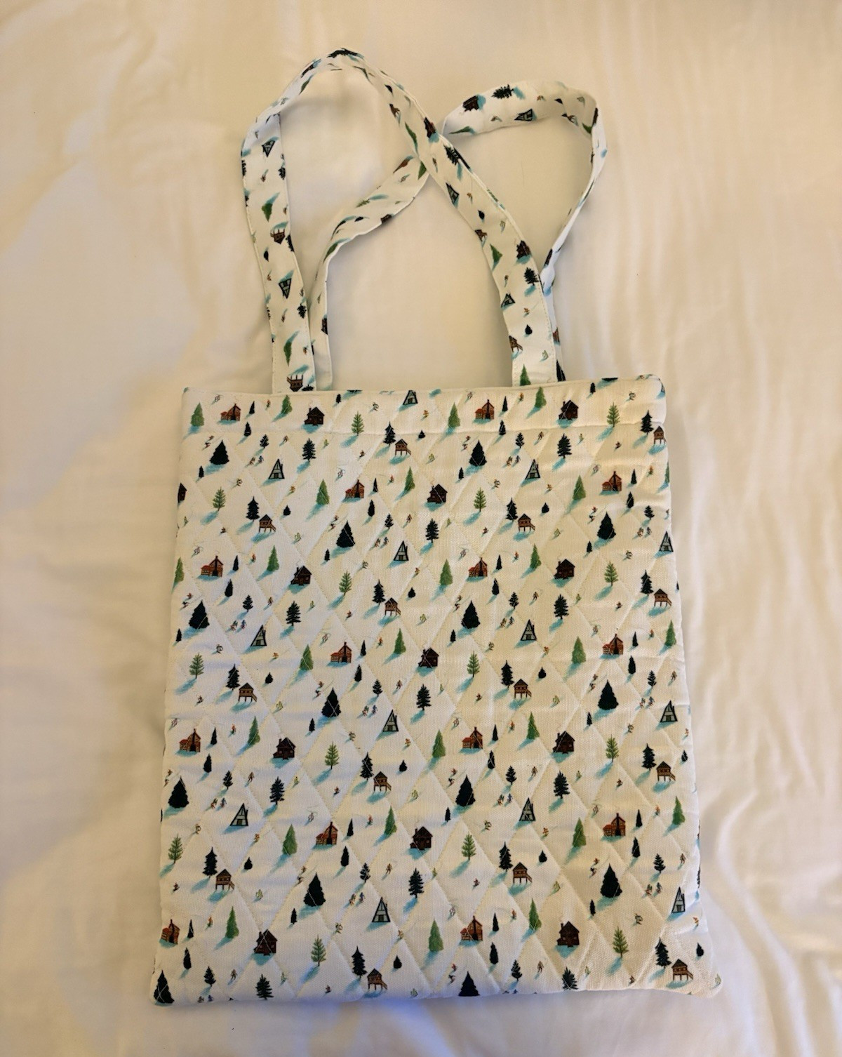 Paper Source Reusable Quilted Tote Shopping Bag White All-Over Cabin Tree