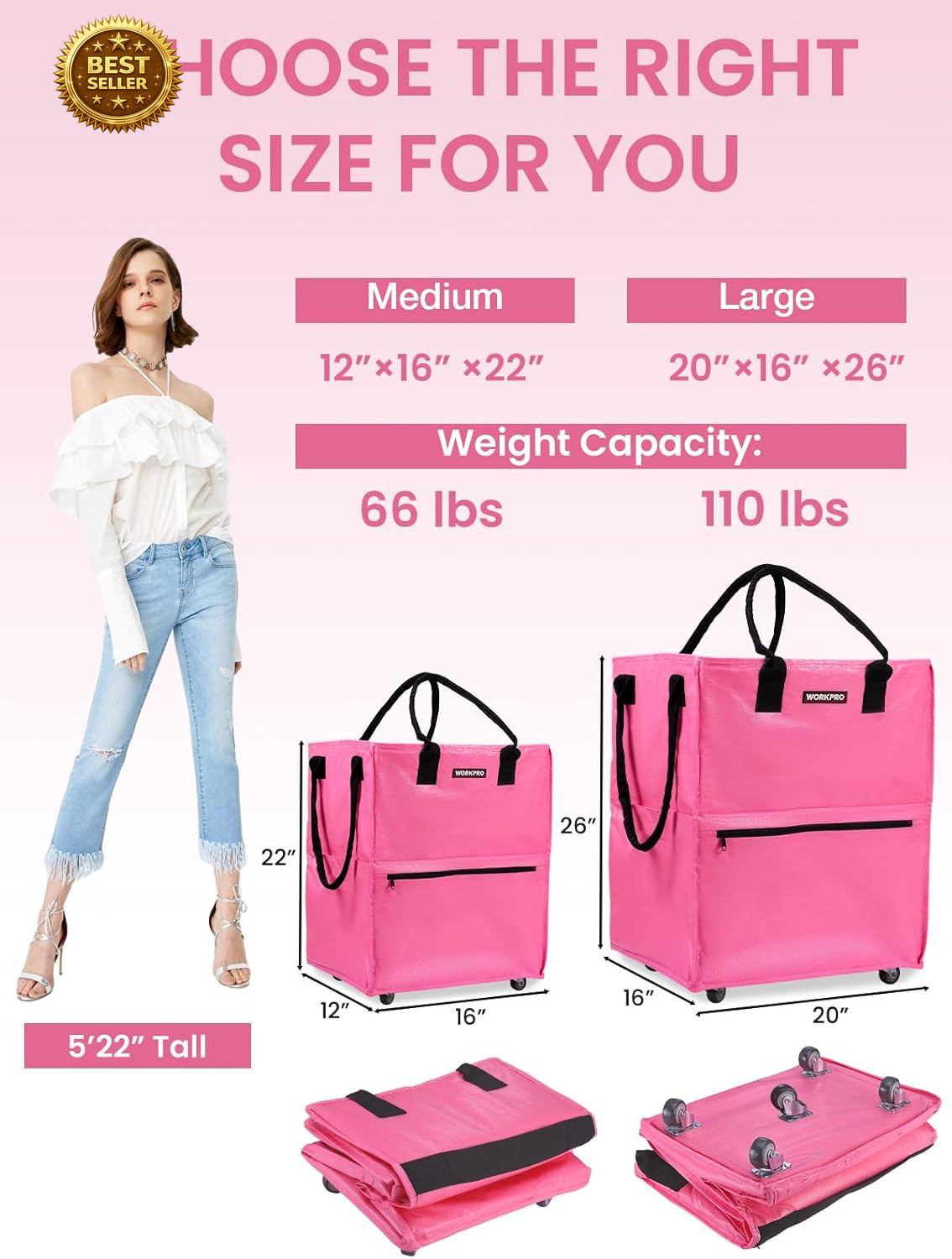 Large Rolling Grocery Bag 36 Gallon 5 Wheels 110lb Tote Laundry Zipper