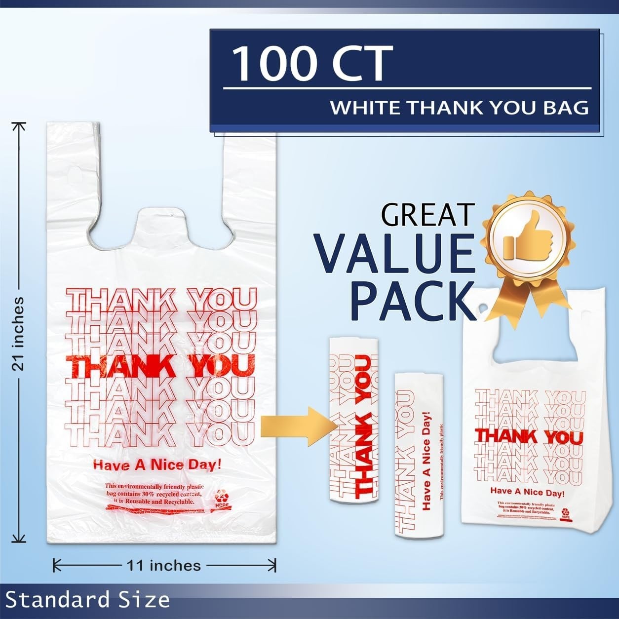Bulk 100pcs White ‘Thank You’ Plastic Bags, Sturdy Grocery Shopping Solution