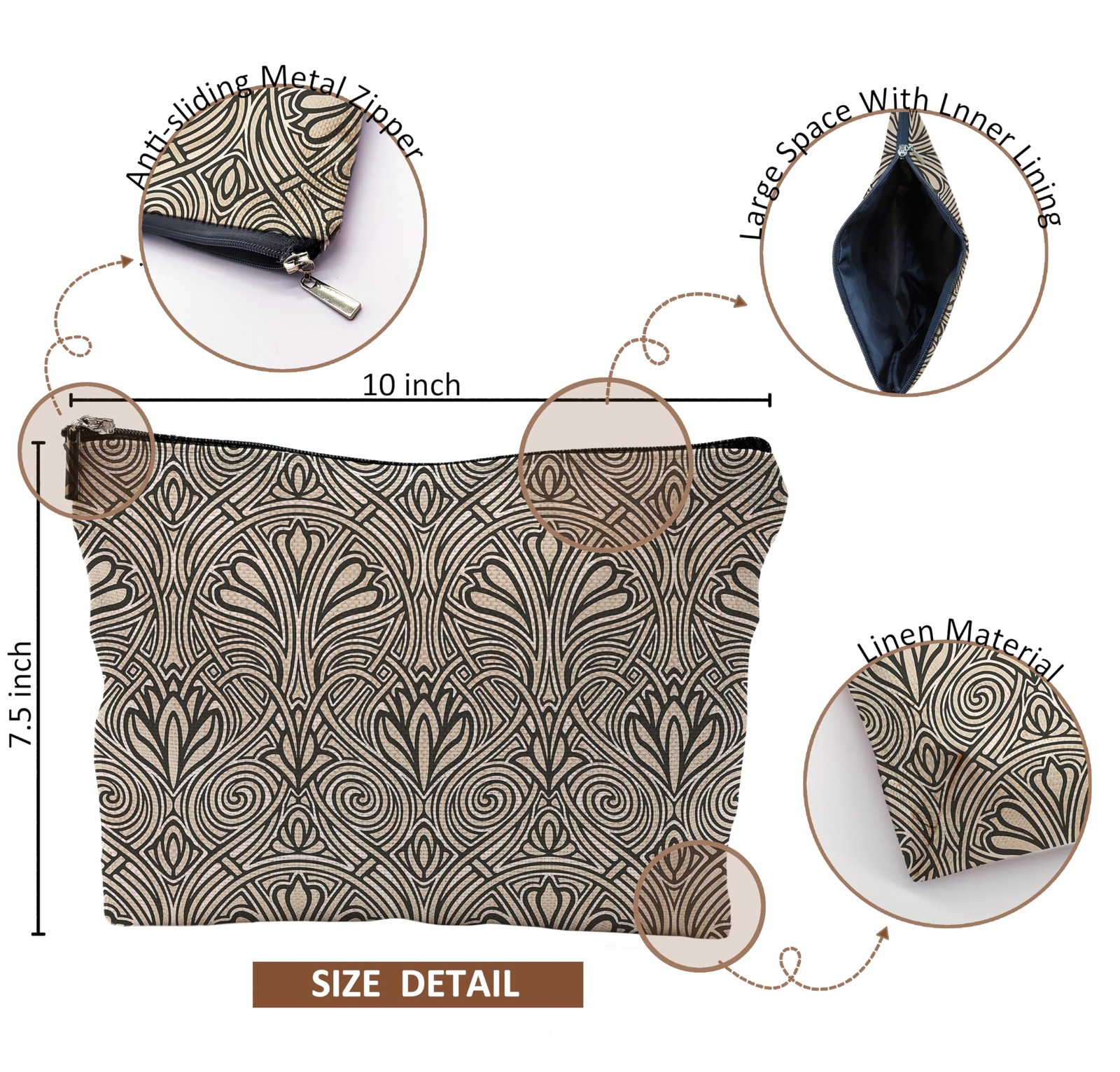 QGFM Vintage Floral Makeup Bag, Art Deco Neutral Cosmetic Bags