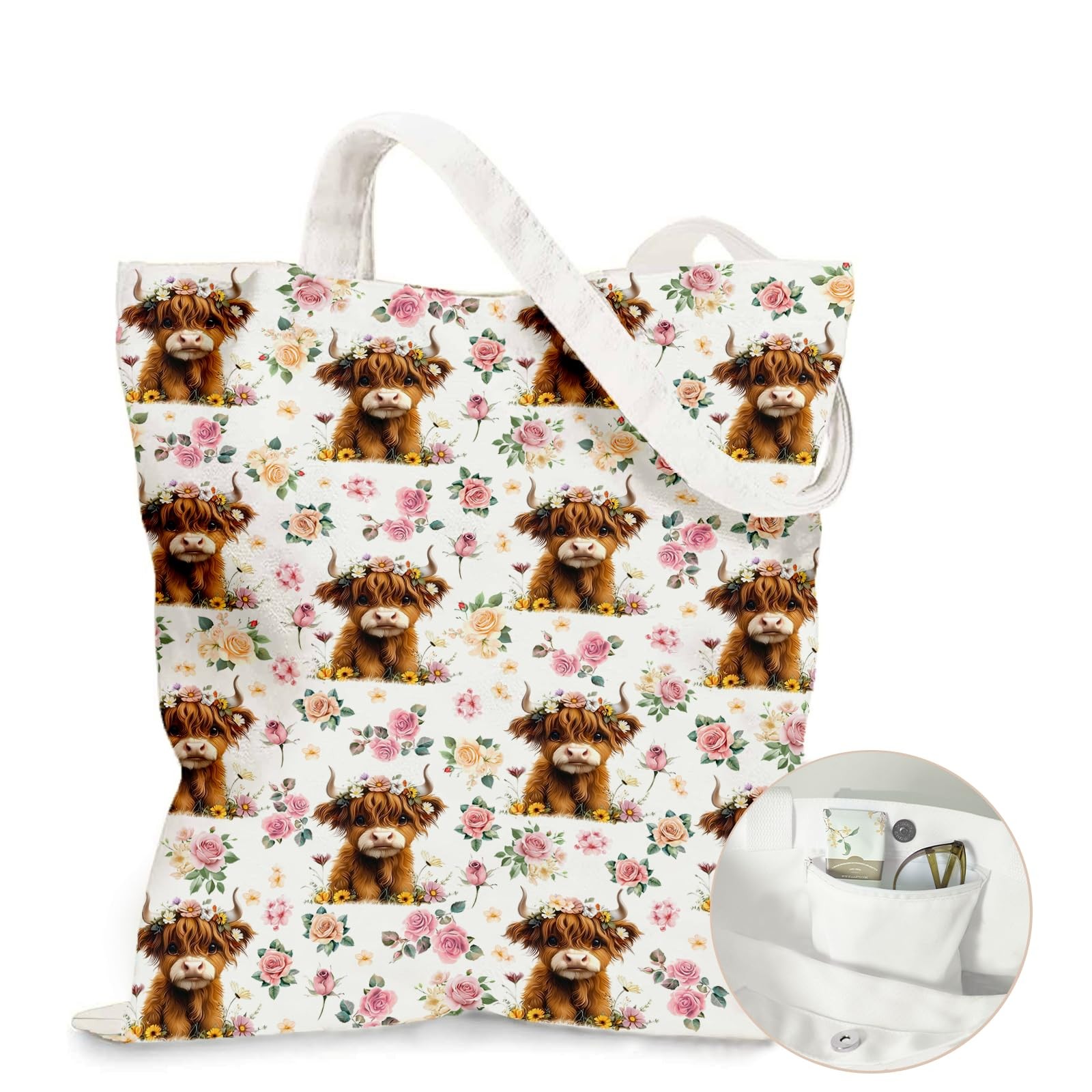 Cow Canvas Tote Bag – Roomy Interior with Zipper Pocket & Magnetic Closure, R…