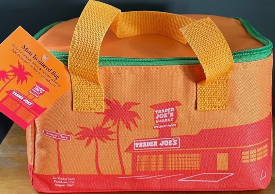 Trader Joes mini insulated sunny orange bag with green zipper