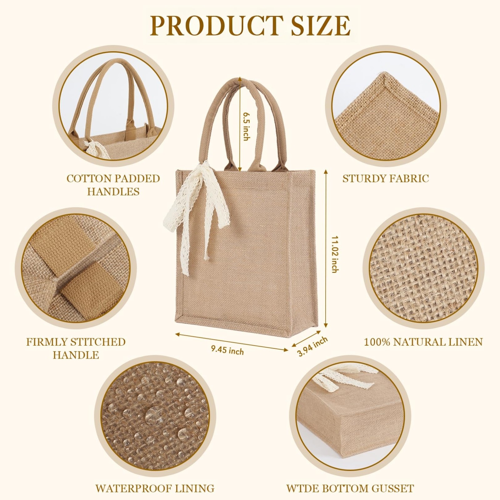 6 PCS Small Burlap Tote Bag Set Reusable Jute Grocery 11×9.45×3.94 Inch Beach