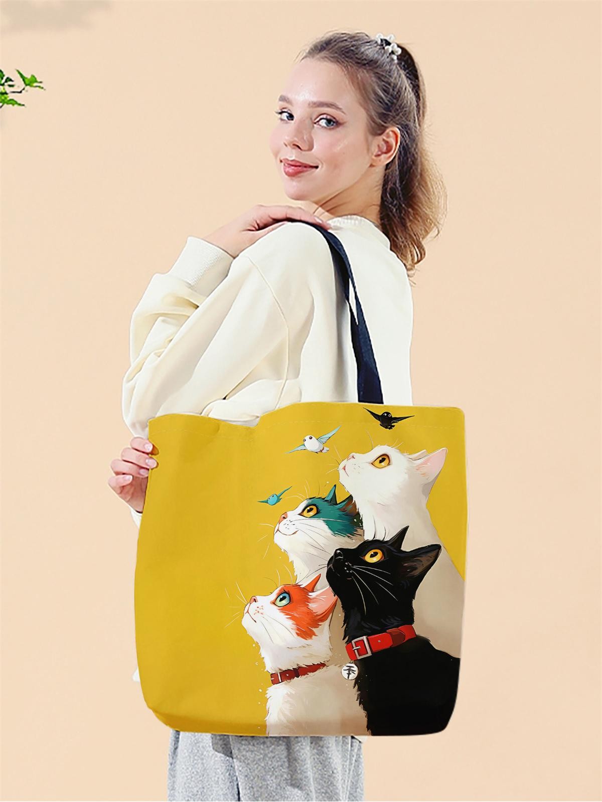 Stacked Cat Canvas Tote Bag Reusable Fashionable Shopping Handbag