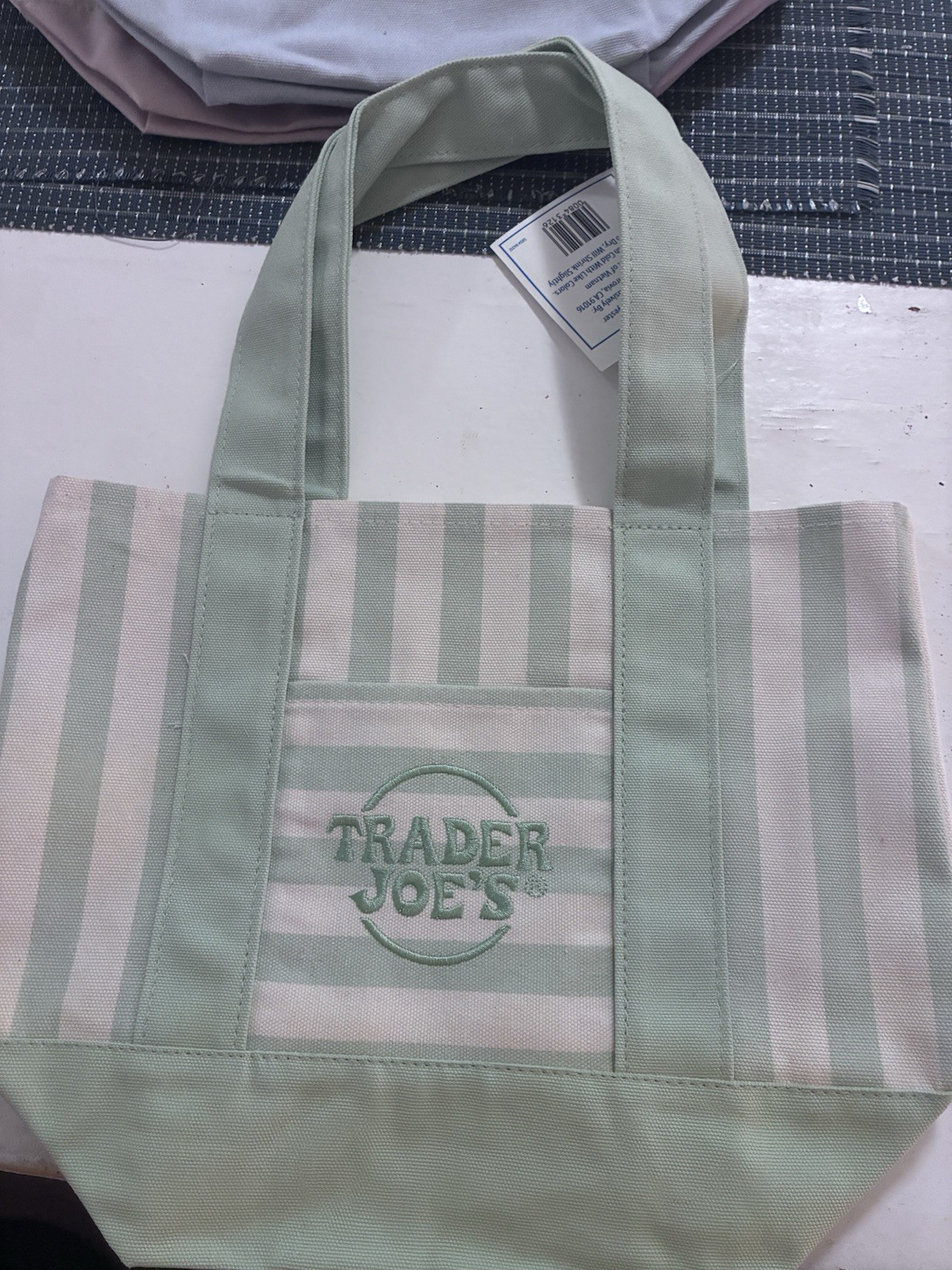 Trader Joe’s Canvas Reusable Tote Bag Green & White Striped 11-15 in