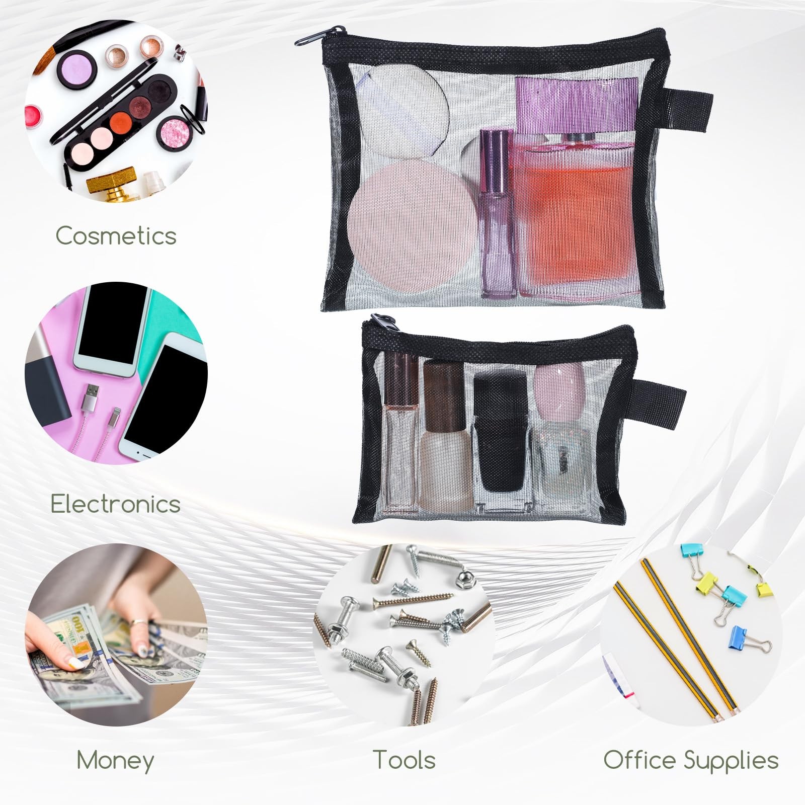 4 Pcs Small Mesh Makeup Bag with Zipper Mini Cosmetic Bags for Black