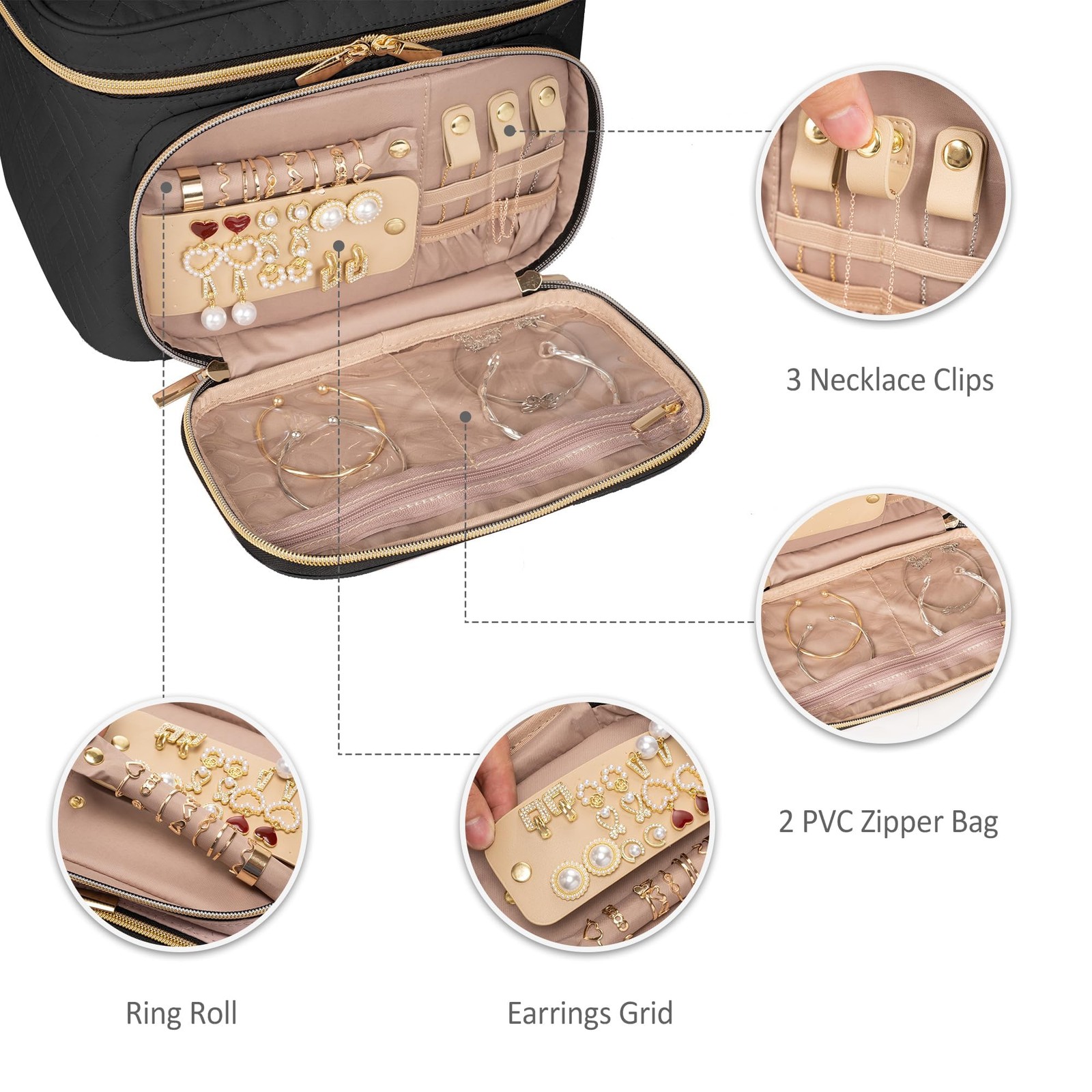 TBTOTRA Travel Makeup Bag with Jewelry Organizer, Large Single-Layer, Black