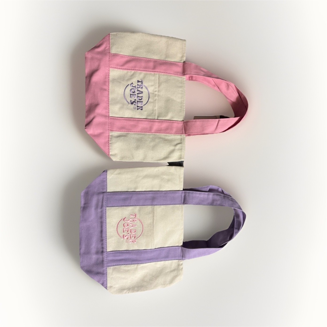 Trader Joe’s Foldable Canvas Tote Bags Pink Purple Beige Set of 2