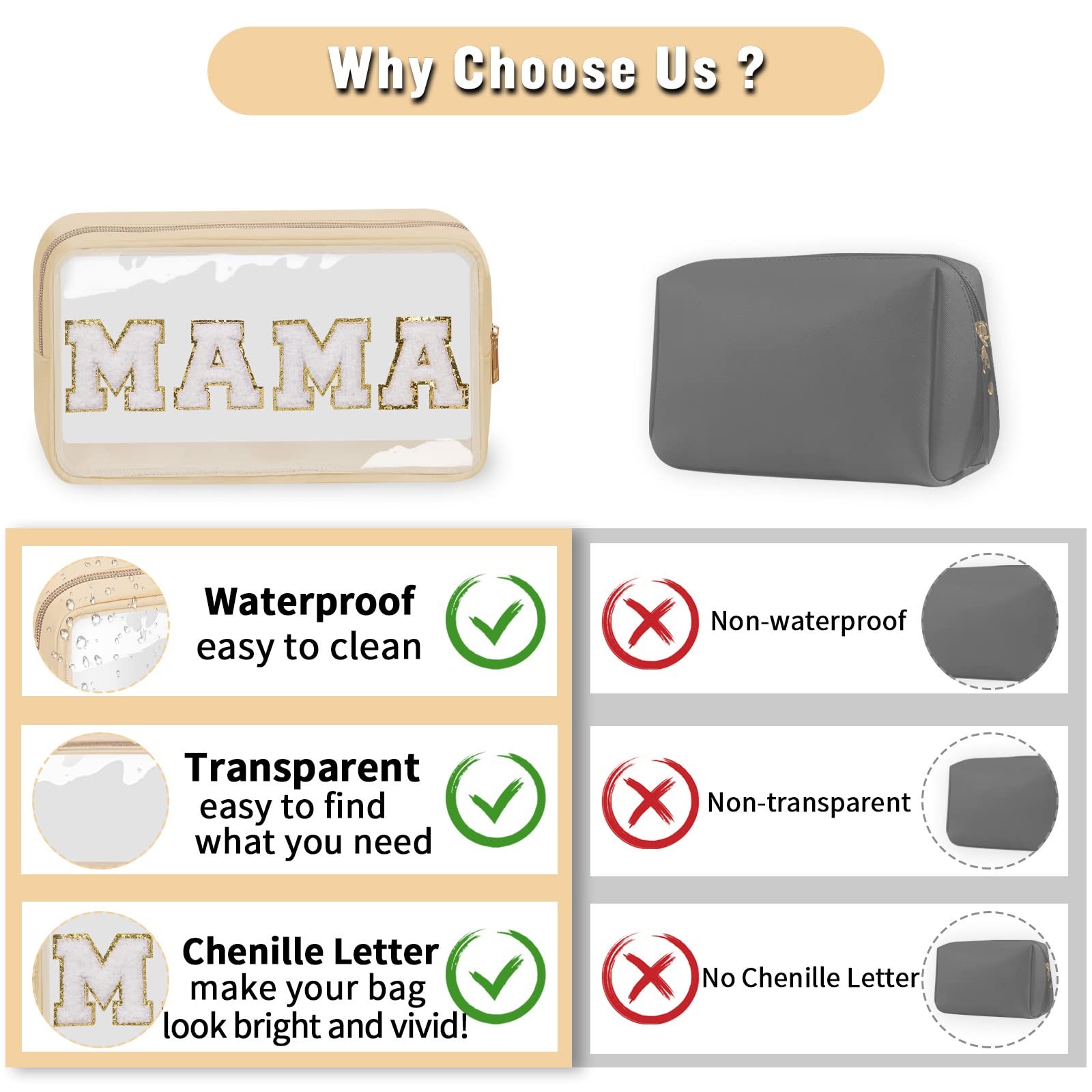 Chenille Letter Clear Makeup Bags Mama Pouch, 10.7*6.7*3.6 inches, MAMA-Beige