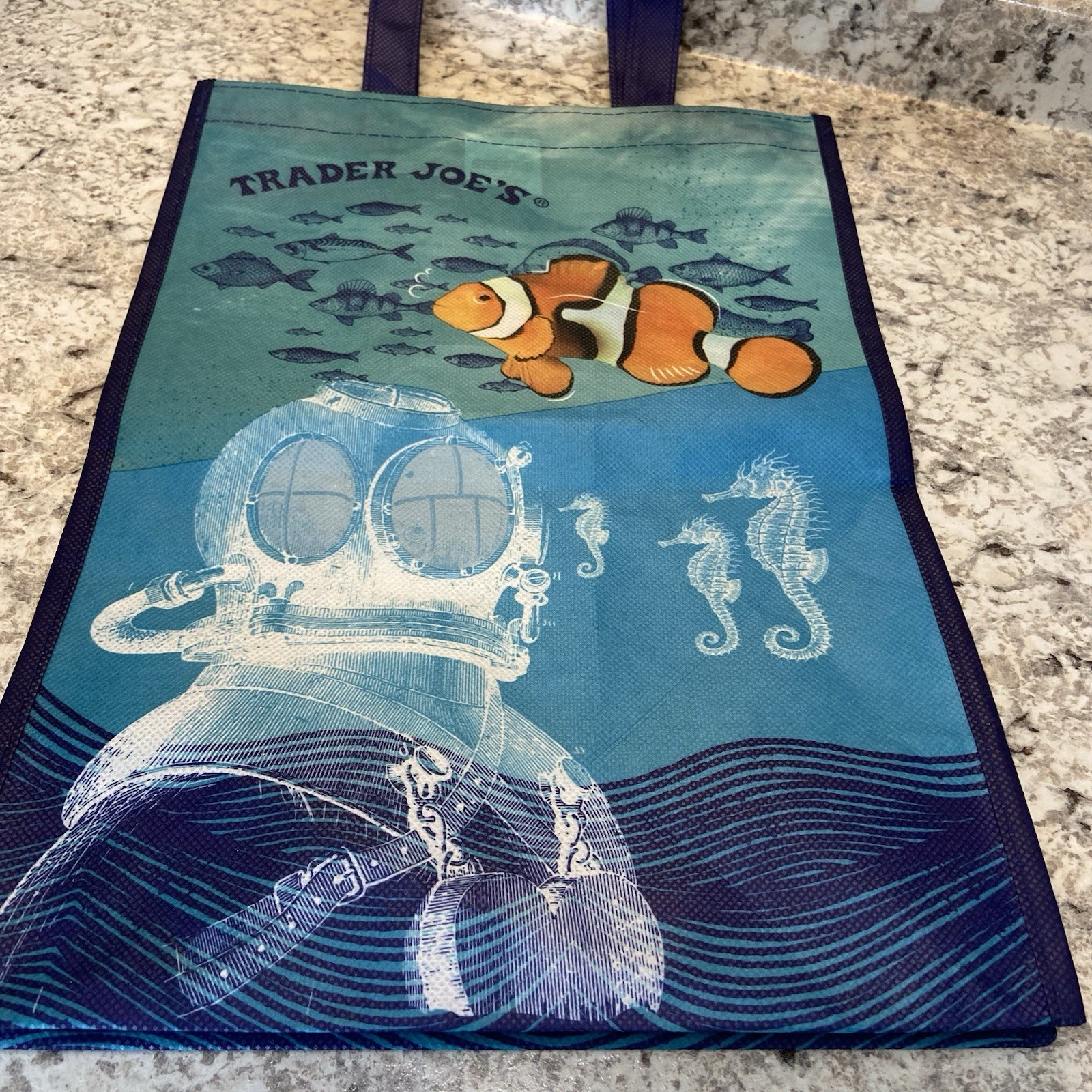 TRADER JOE’S Ocean Clown Fish Tote, Recycled Ocean Plastic, Reusable 16”x 12”