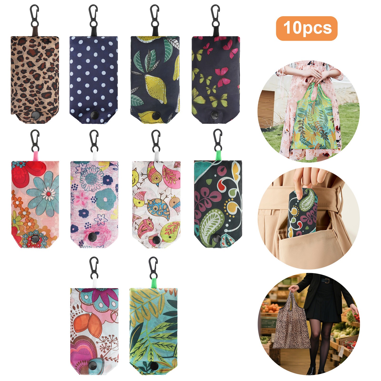 10PCS Reusable Grocery Bags Foldable Polyester Shop Tote Washable Store Travel