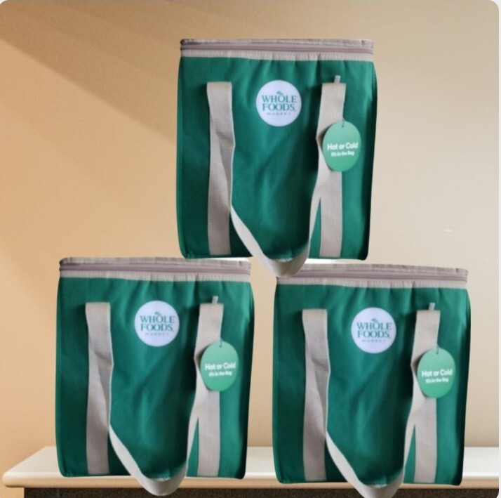 X3 WHOLE FOODS MARKET Insulated Reusable Cooler Green Grocery Shopping Bag New!