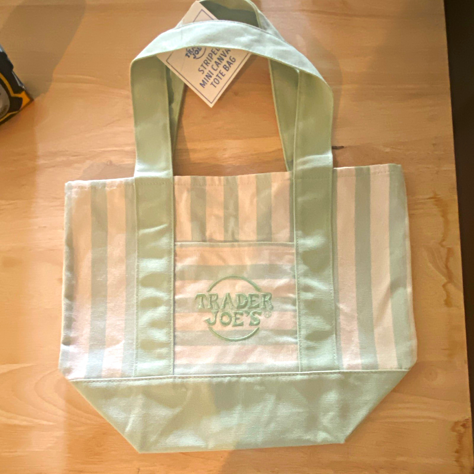 Trader Joe’s Striped Mini Canvas Tote Bag Green/White Reusable 13x12x6in 1.5gal