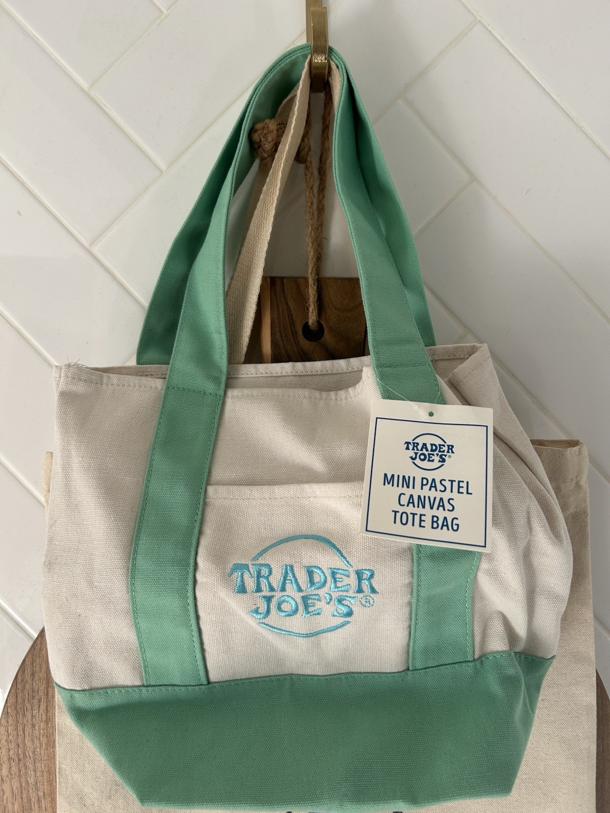 Trader Joe’s Mini Pastel Canvas Tote Bag Foldable Green Beige Solid