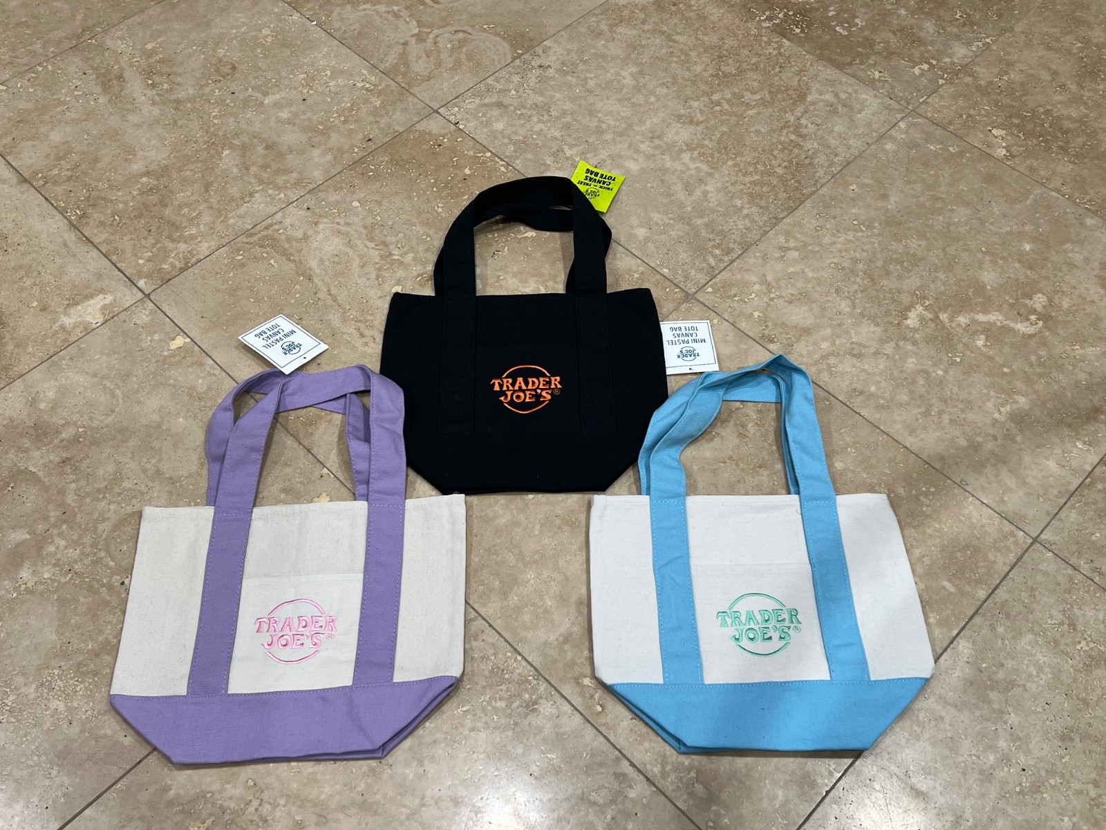 Trader Joe’s Mini Pastel Canvas Tote Bag Bags Blue Purple Black New Set of (3)
