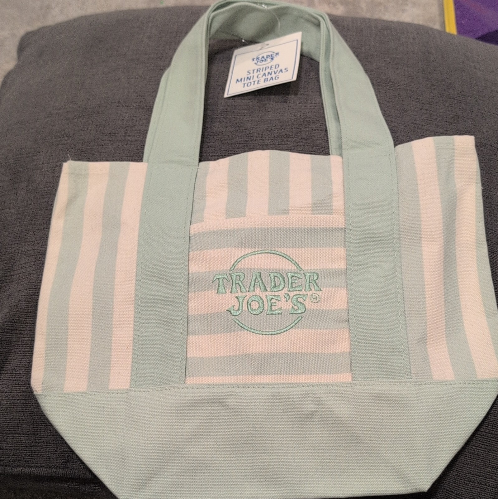 Trader Joe’s Striped Mini Canvas Tote Bag Mint/White, Machine Washable