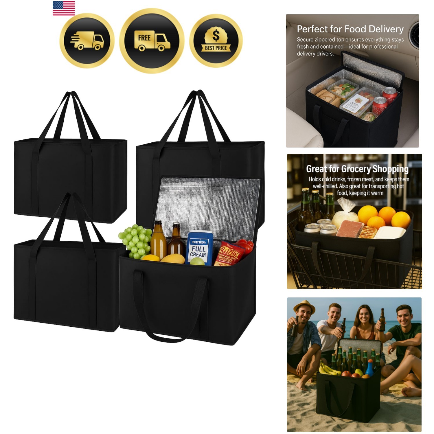 4-Pack insulated trunk organizer car cooler bag Food Insulated Grocery shoppi…