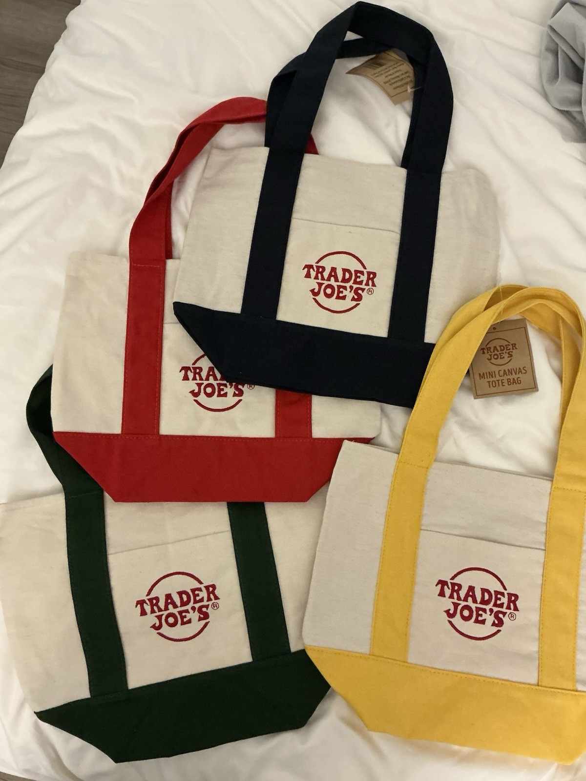 Trader Joe’s Mini Canvas Tote Bag Set Of 4 Red Blue Green Yellow