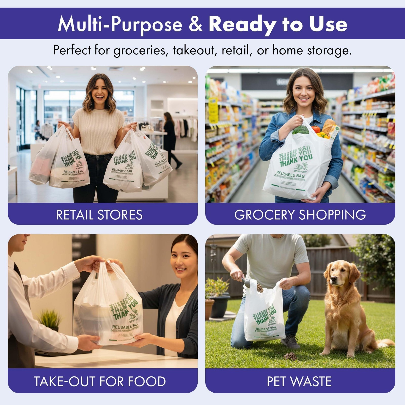 Heavy Duty Reusable Plastic Grocery Bags | 200 Pack 12″x7″x22″ | 55 Micron LDPE