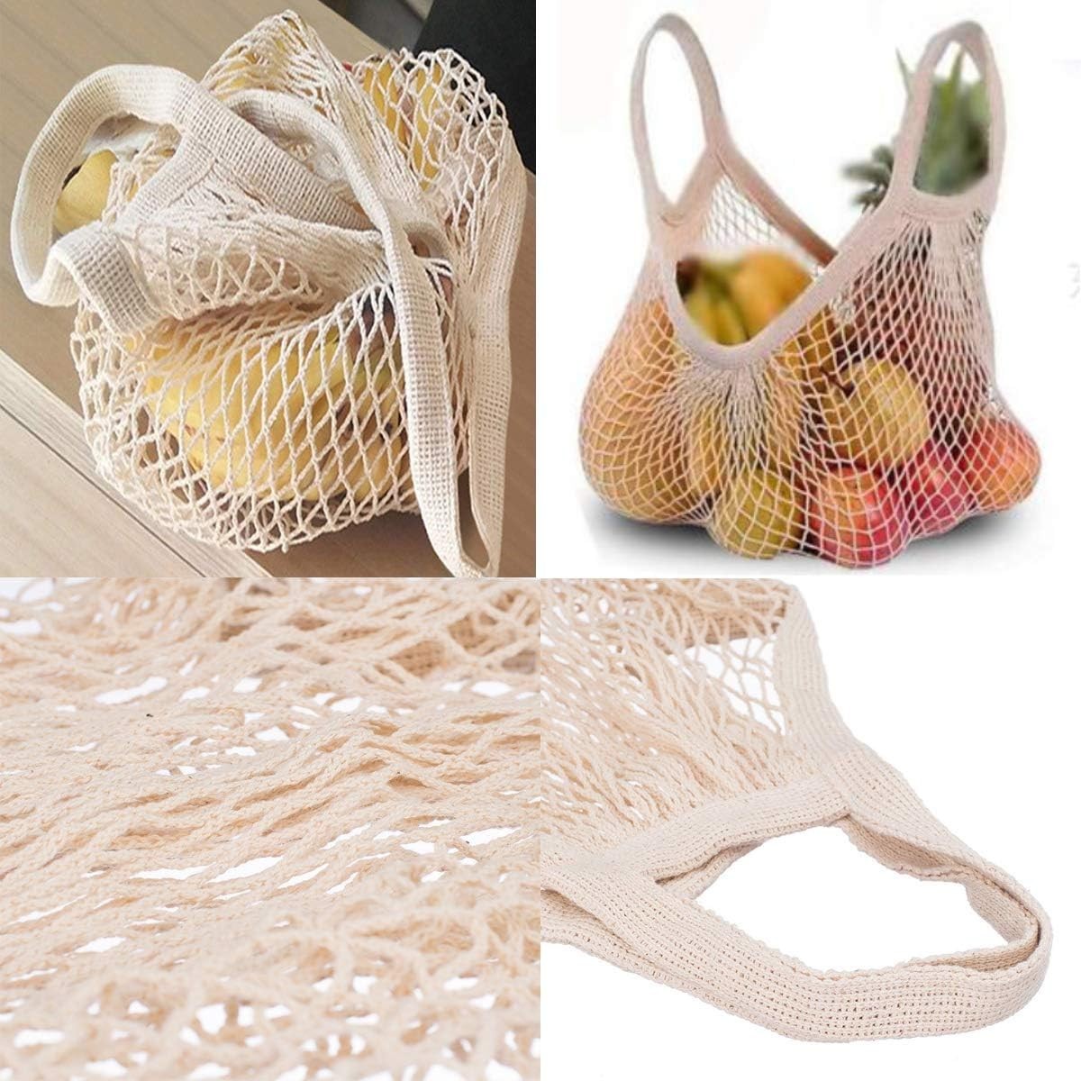 Charming Beige Cotton String Grocery Bags – Retro Set of 3, Space-Saving Design