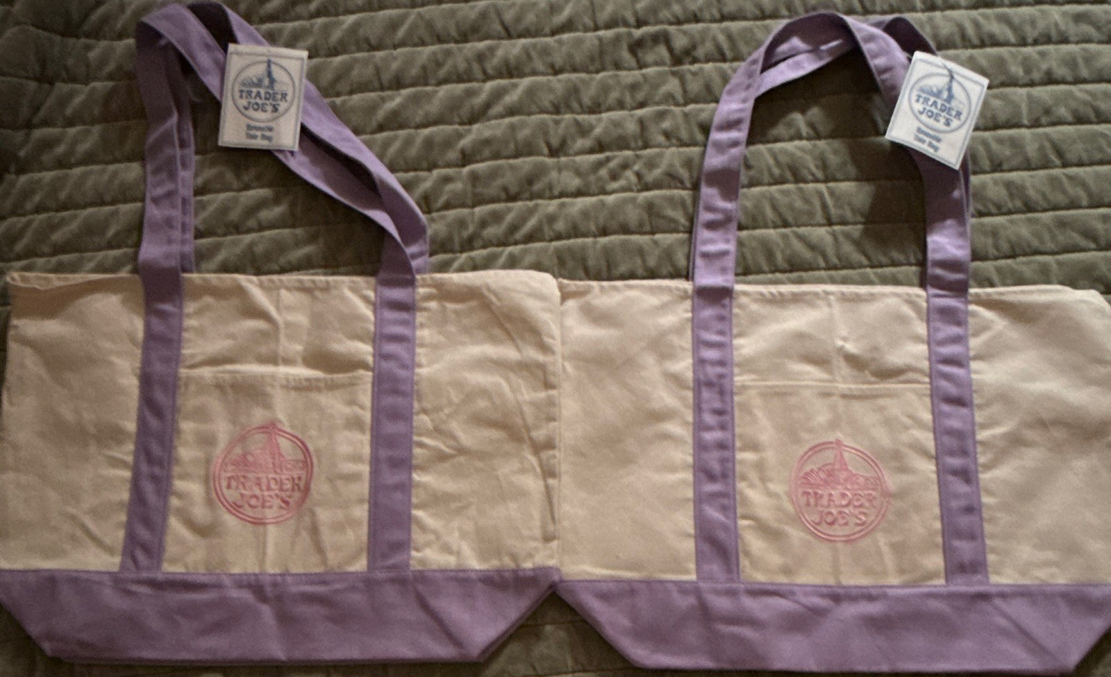 Trader Joe’s Large Canvas Tote Set 2 Beige/Purple Reusable Double Handles