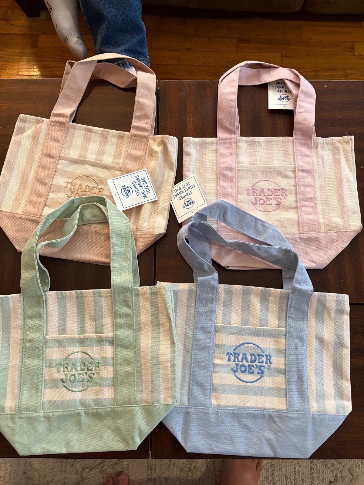 Trader Joe’s Set of 4 Striped Mini Canvas Tote Bags-Pink, Blue, Green Beige NEW