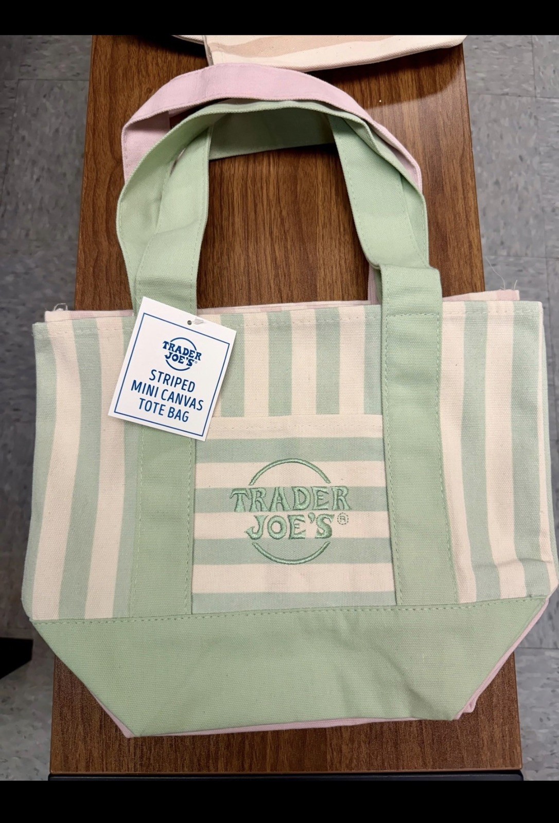 Green Trader Joe’s Striped Mini Canvas Reusable Tote Bag