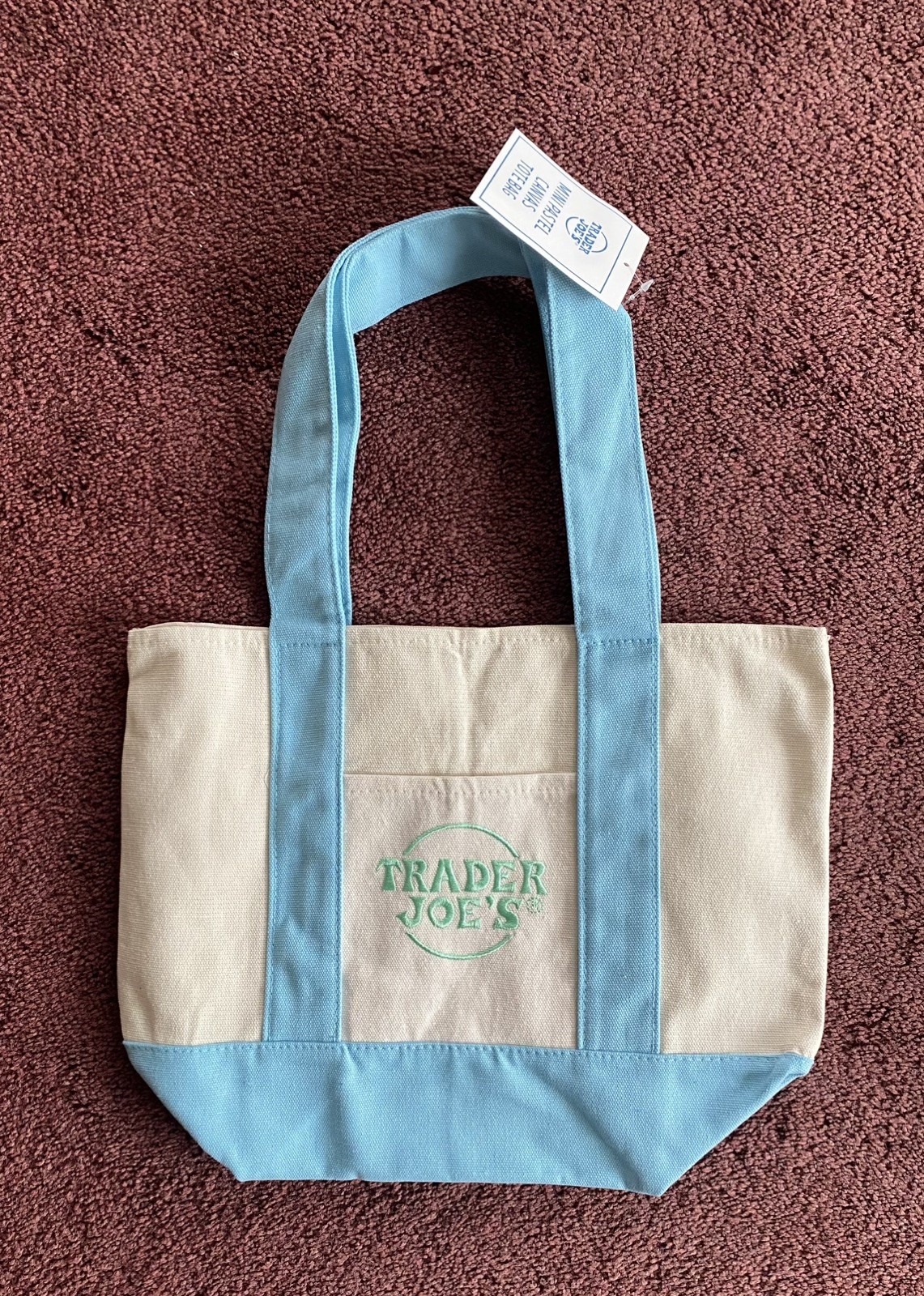 Trader Joe’s Mini Canvas Tote Bag Spring 2026 Pastel Blue NEW WITH TAGS -IN HAND