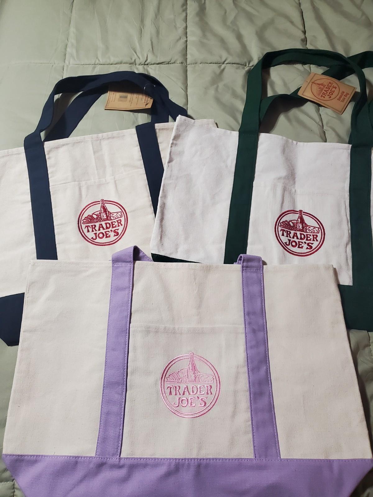 Trader Joe’s Canvas Large Tote, Set Of 3, Hunter Green, Navy Blue, Lavender NWT