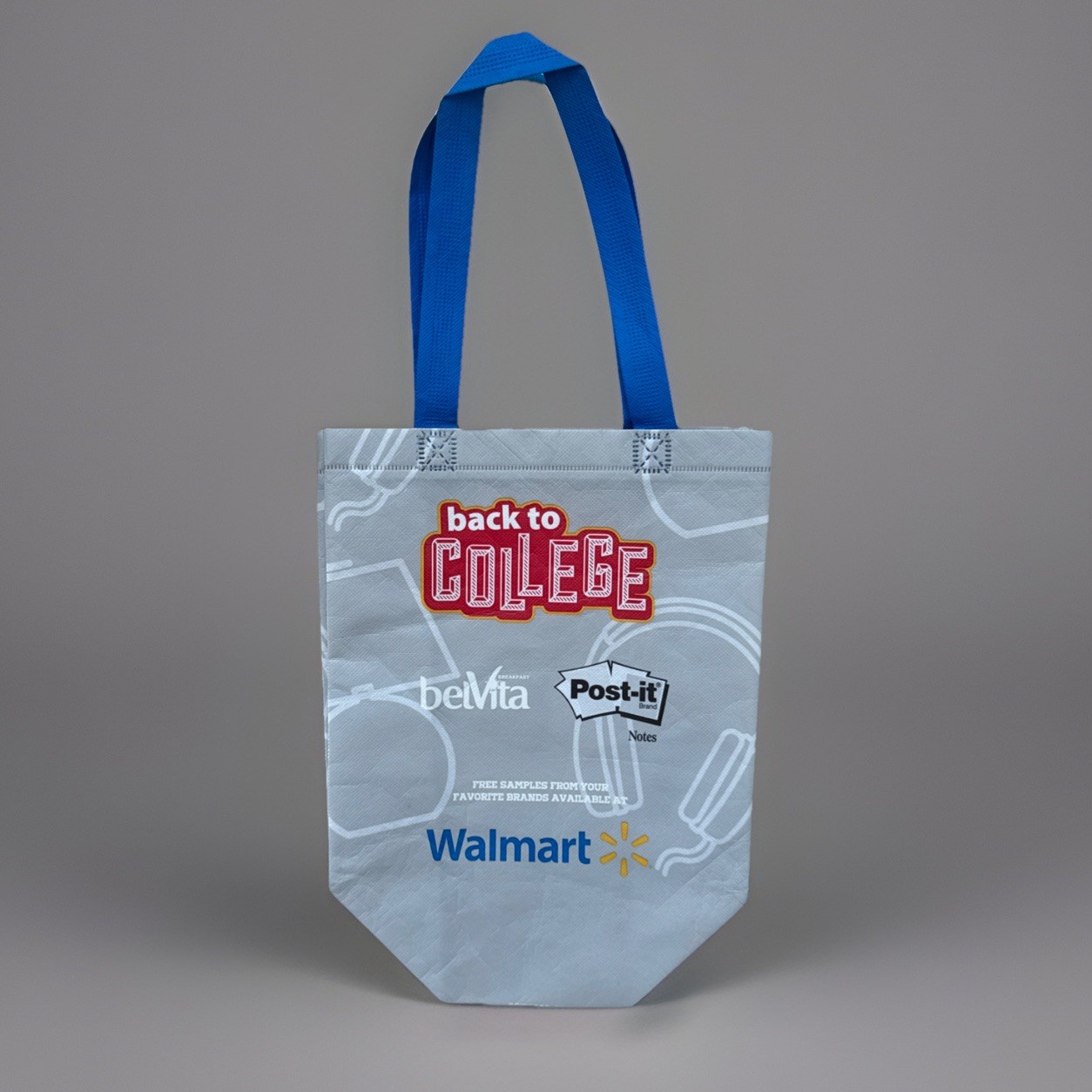 WALMART REUSABLE SHOPPING TOTE BAG 10x9x3” BACK TO COLLEGE GREY POST IT BELVITA
