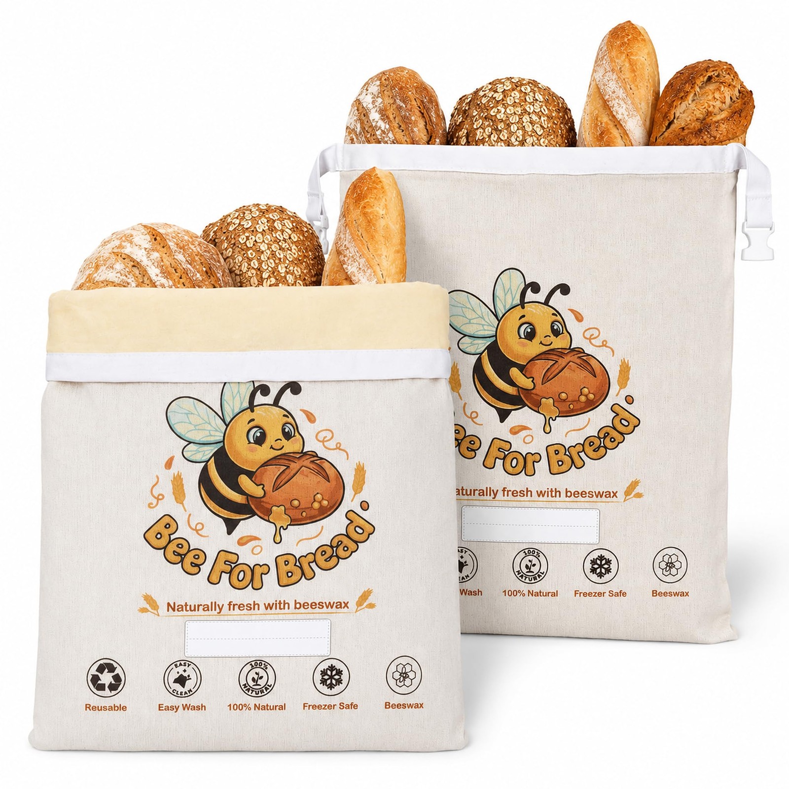 Beeswax Bread Bags for Homemade Sourdough, 2 Pack XL Large, Beige
