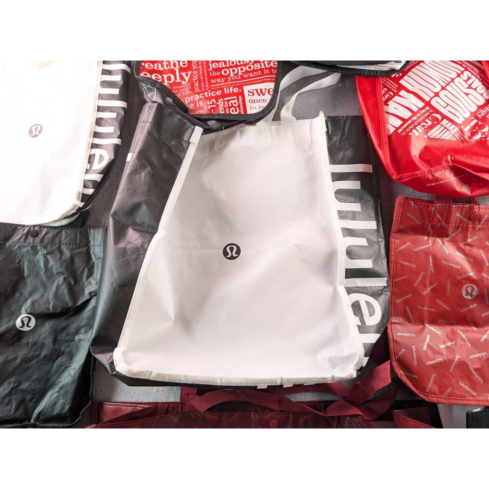 Lululemon Reusable Shopping Tote Bag Lot of 12 Red Black Lime Small Medium Large