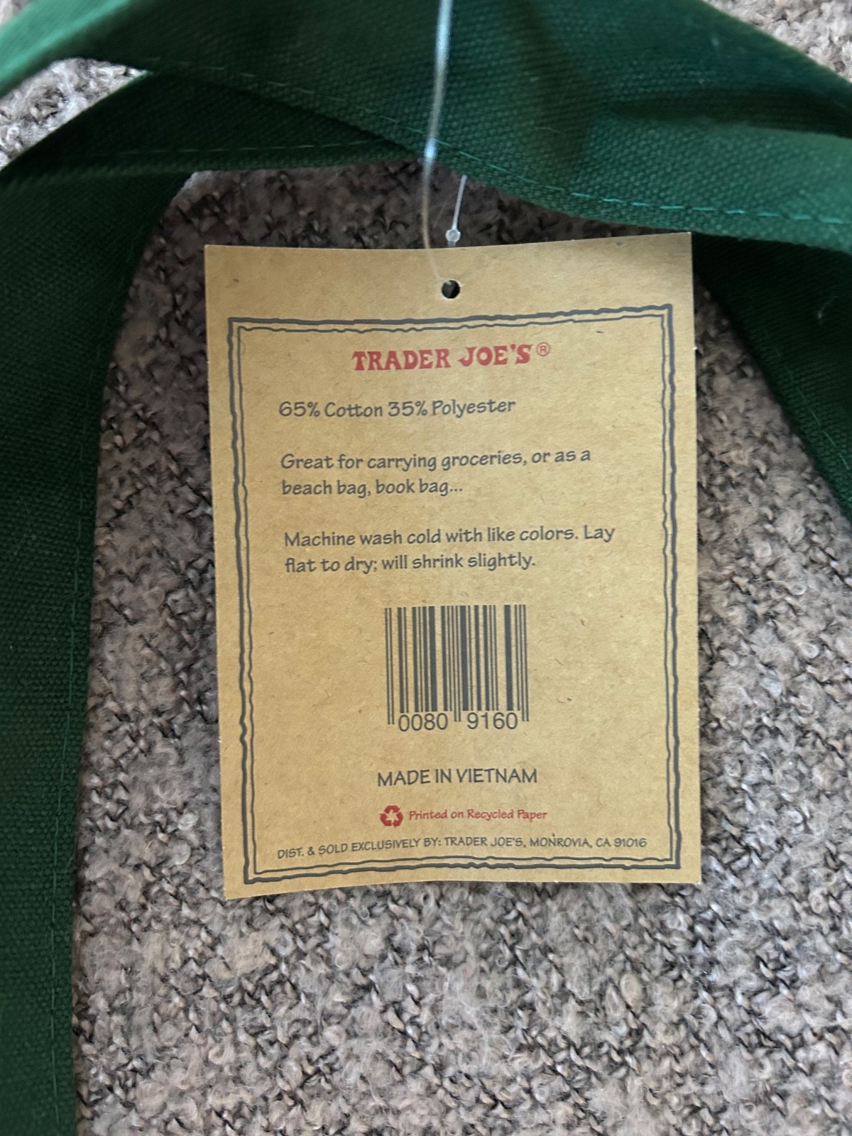 Trader Joe’s Tote Canvas Reusable Heavy Cotton Basic Style Shopping Green / New