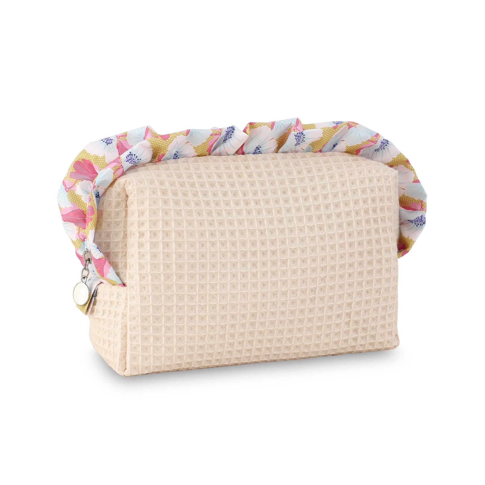 DYSHAYEN Ruffled Waffle Makeup Bag,Soft Cotton Travel Cosmetic Beige