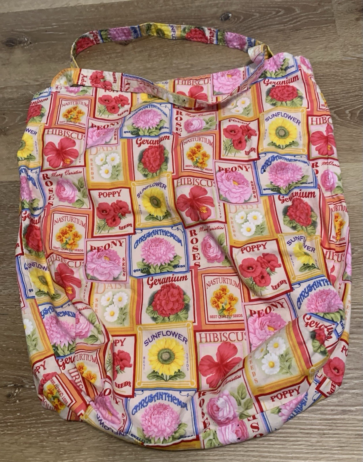 Gardening Seeds Packets Spring Shopping Tote Gift Bag Floral Flowers Pink Fabric