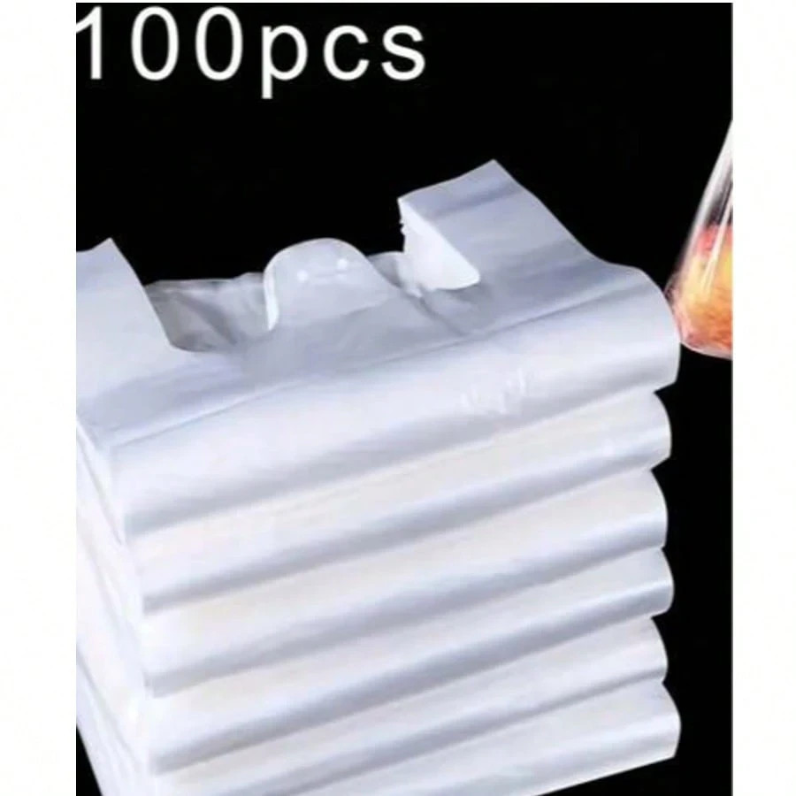 100Pcs White Transparent Plastic Shopping Bags T-Shirt Tote Grocery Takeout Bag